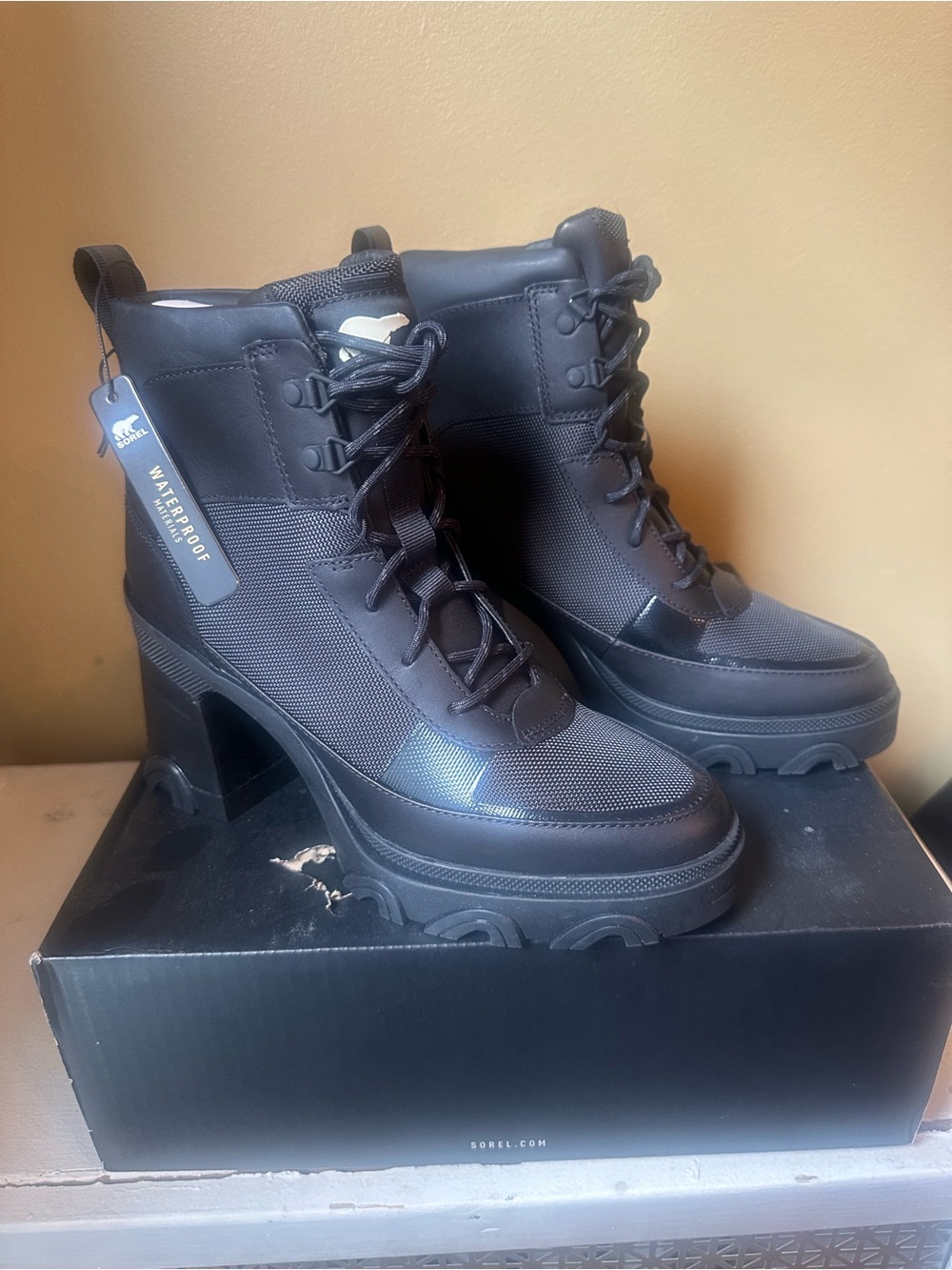 Sorel Black Waterproof Lace-Up Platform Heeled Boots